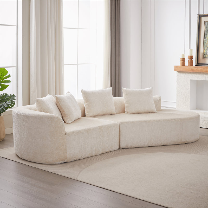 Canapé modulaire incurvé moderne en chenille avec 4 coussins décoratifs Boneless, Face à la droite, Beige