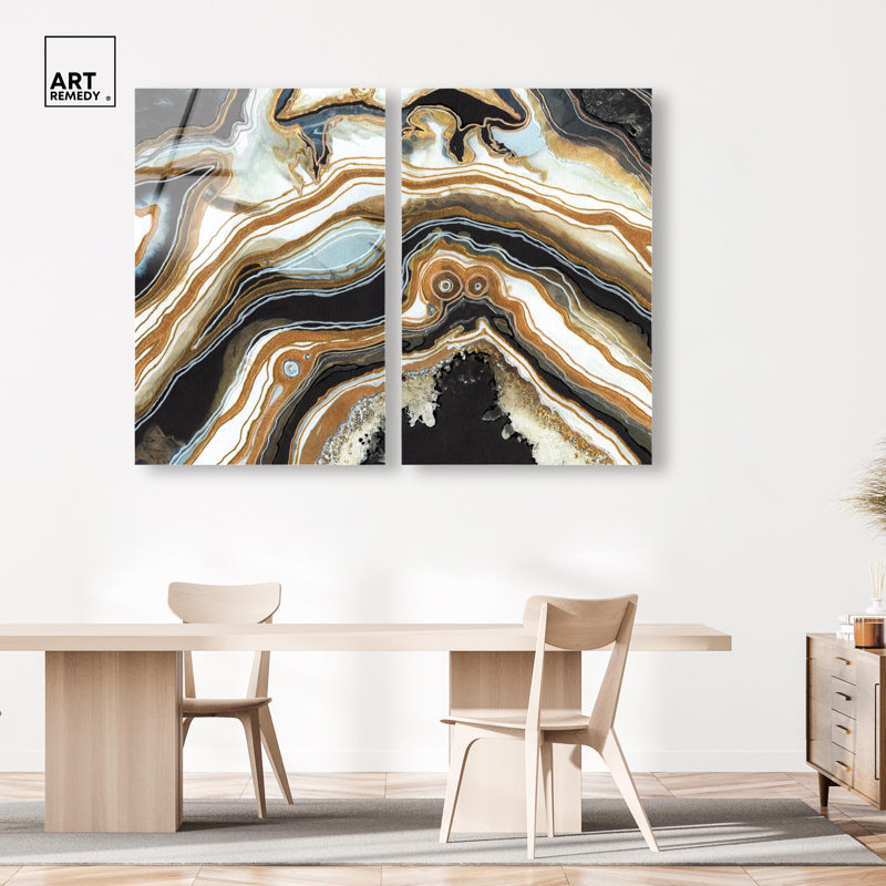 Ensemble de décorations murales abstraites en acrylique noir et or « Geode » par Art Remedy, prêt à  accrocher, 10 x 15