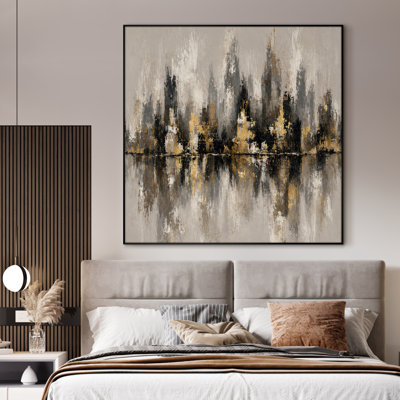 Très grand art mural imprimé sur tissu - Composition abstraite minimale de blocs dans des tons de noir et d'ocre avec une touche architecturale moderne pour le salon ou la chambre à coucher - «Assemblage requis du cadre (cadre non fini)»