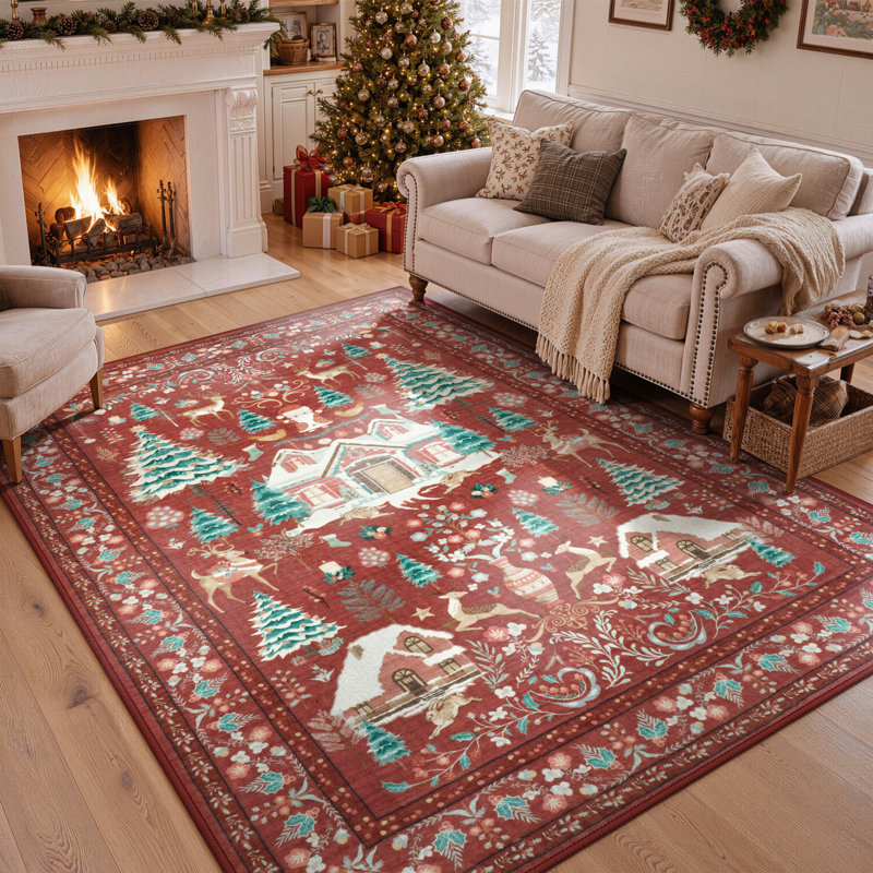 Tapis de jardin de Noël en velours perlé rétro pour le salon, la chambre à coucher ou le vestibule, Rectangle 6 pi x 9 pi