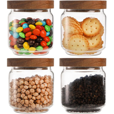 4 Pack 15 FL OZ (450ml) Glass Food Storage Jar with Acacia Lids, Airtight Sealed Clear Glass Canisters