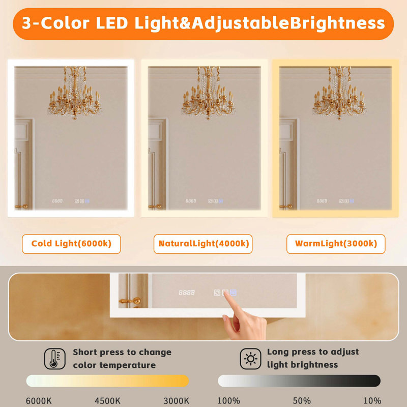 24×30 Inch Adjustable Light LED Bathroom Vanity Mirror Cabinet With Time Temperature Display