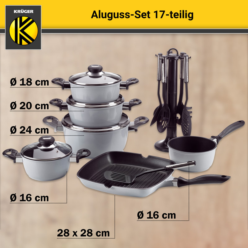 Karl Kruger 17 Piece Aluminum Non Stick Cookware Set, Grey