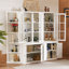 Armoires de présentation de 75,25 po de hauteur et deux tablettes triangulaires à côtés, combinaison murale de style rétro de 92,9 po de largeur avec portes en verre, pour les couloirs, le salon, le bureau, le studio ou l'espace de travail - blanc