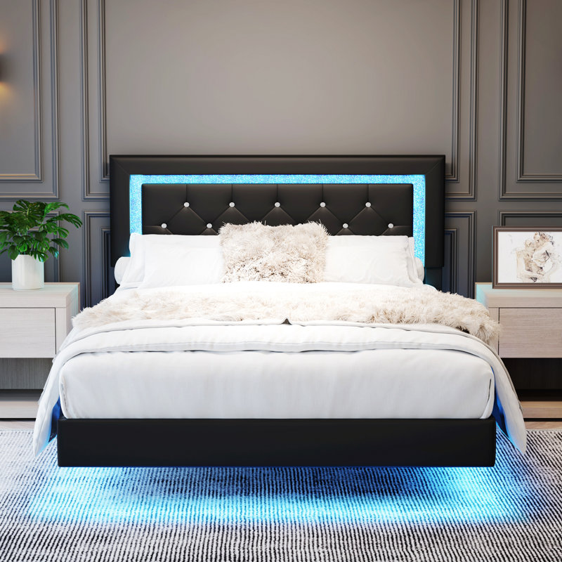 Bed Frame With Headboard, Floating Bed Frame With LED Lights, Upholstered Platform Bed With Tufted Headboard, Black