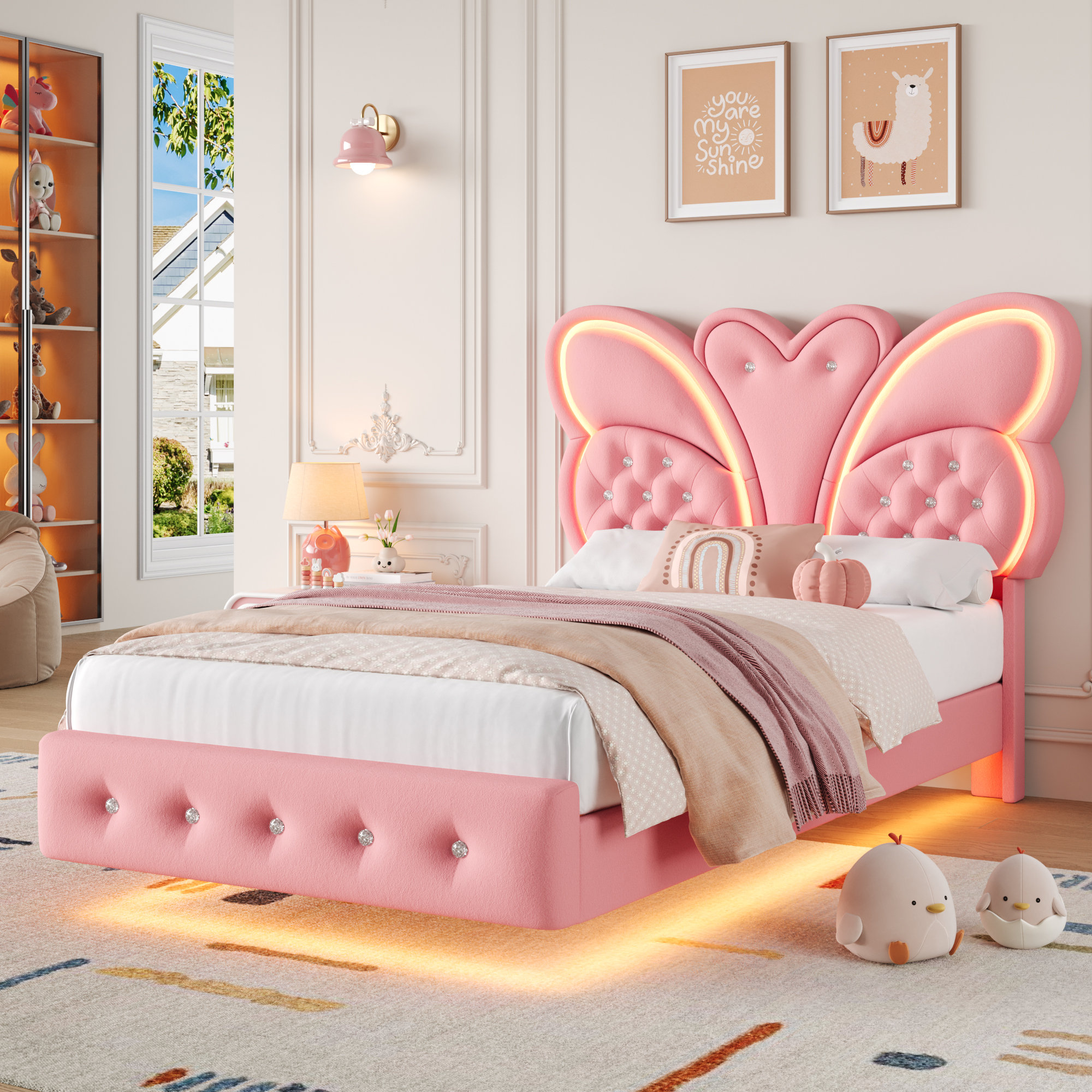 Gemma Violet Butterfly Upholstered Floating Kid Bed With LED Light