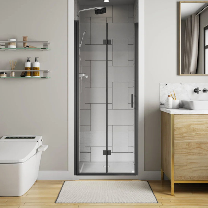 30 à 31,2 po X P 72 po H Porte de douche pivotante sans cadre pliante en verre transparent, Noir, noir, noir, noir
