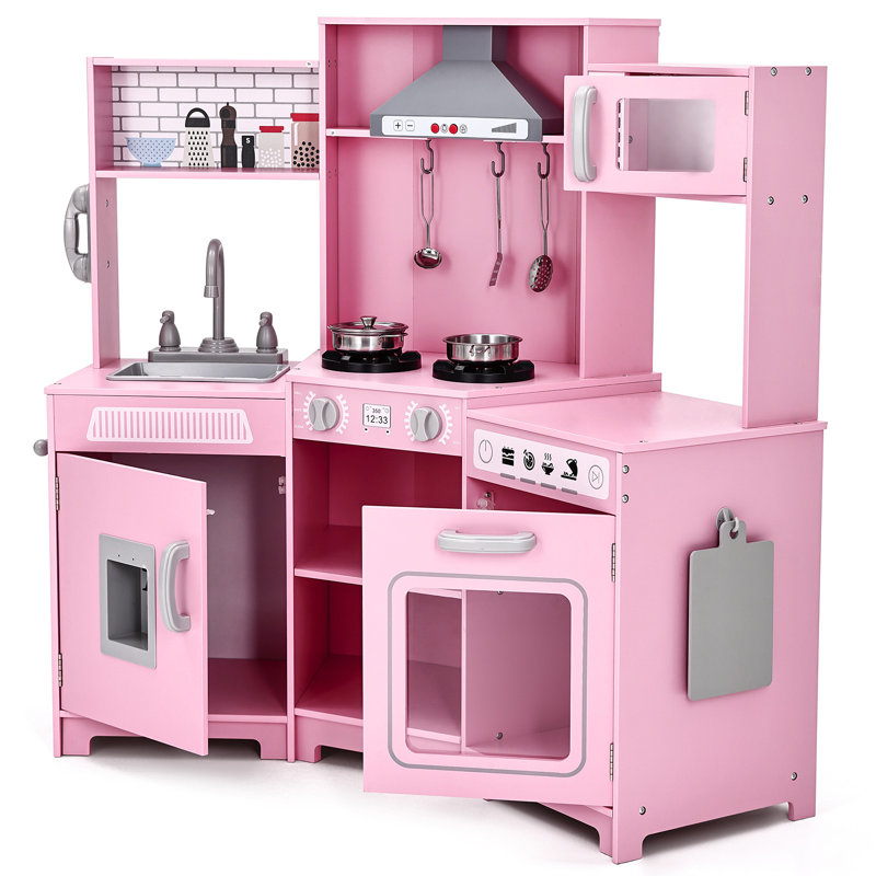 JOYLDIAS Corner Wooden Pretend Kids Play Kitchen, Toddler Kitchen Toys Playset, Pink
