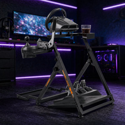 High Compatible Racing Wheel Stand with Chair Slot Fits Handbrake, 31 Holes Wheel Panel & 26 Holes Shifter Panel, Foldable Sim Steering Racing Stand, Widely Height Adjustable And Cup Holder