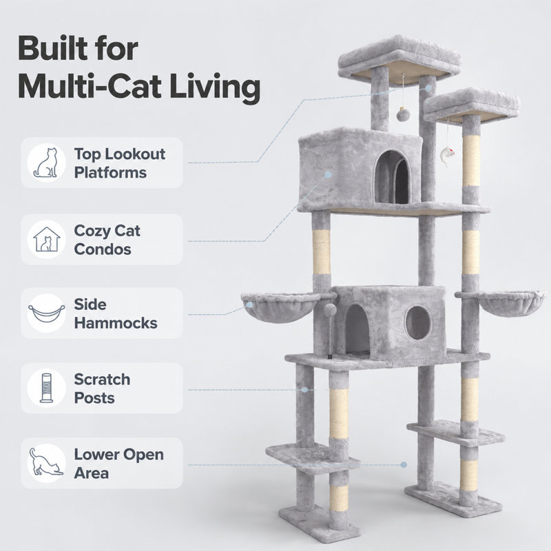 Arbre à chat Whisker 78,7 po avec 2 niches, 2 hamacs moelleux, griffoirs en sisal et jouets interactifs, Light Grey