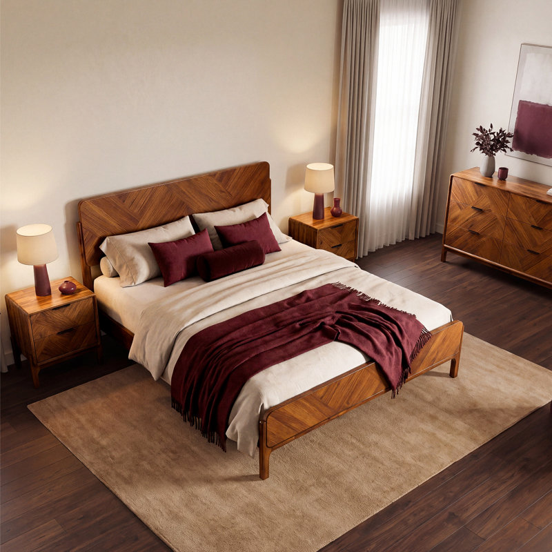 Bifrost 100% Solid Acacia Wood Platform Bed With Tall Headboard And Footboard, Mid-Century Art Deco Design, No Box Spring Needed, Sturdy Slat Support, Scratch & Water-Resistant