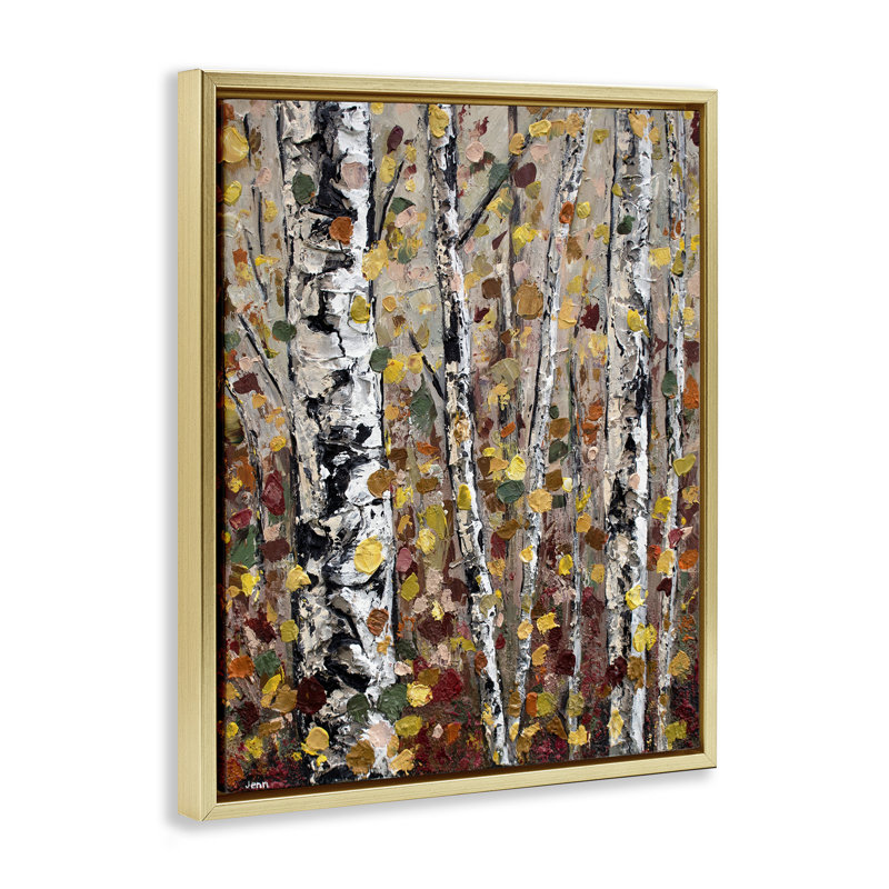 «Red Barrel Studio® Autumn Birch Trees Abstract Leaves», art mural encadré sur toile flottante par Jen Seeley