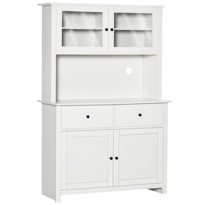 63.5" Kitchen Buffet with Hutch, Pantry Storage Cabinet with 4 Shelves, Drawers, Framed Glass Doors, Open Microwave Countertop, Antique White