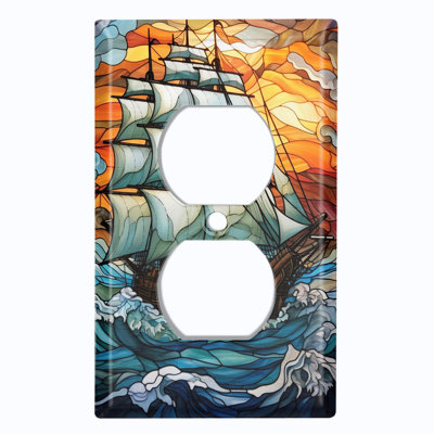 Couvercle de plaque d'interrupteur en métal; US Standard taille 1 bande recto-verso - image imprimée d'un bateau vitrail en mer