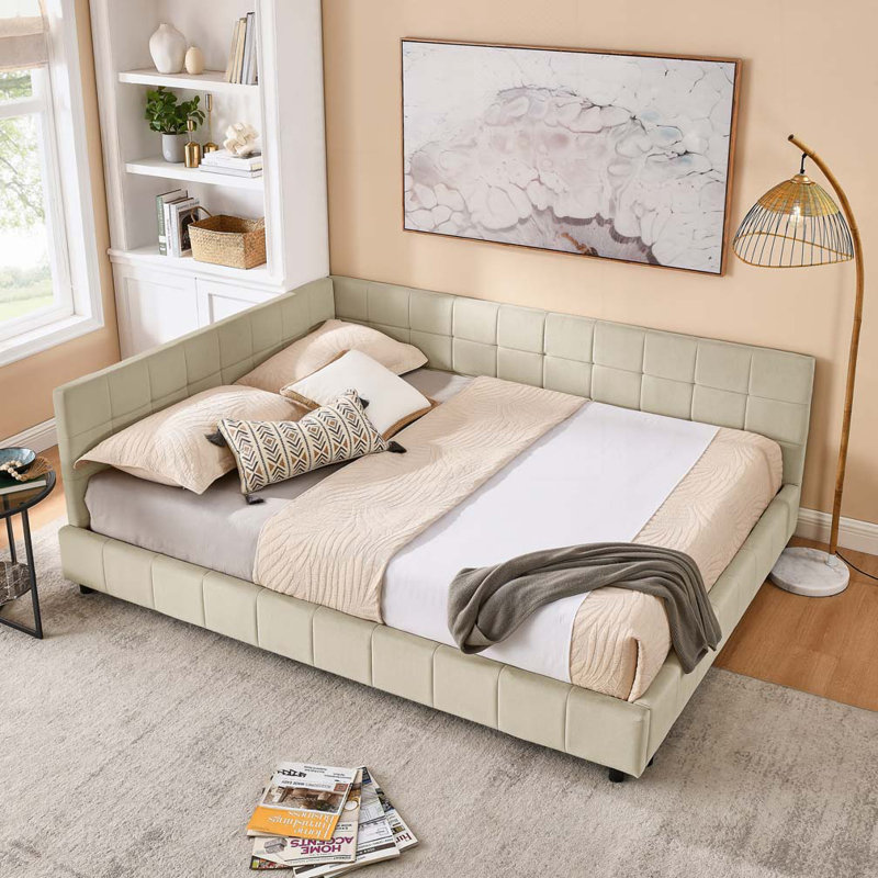 Corner Bed With Grid Design, Modern Space-Saving Daybed, Beige, Full 