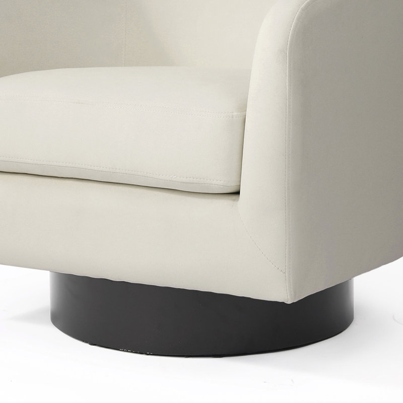 Everett Applewold Upholstered Ivory Velvet Swivel Barrel Chair with Solid Wood Base, Ivory