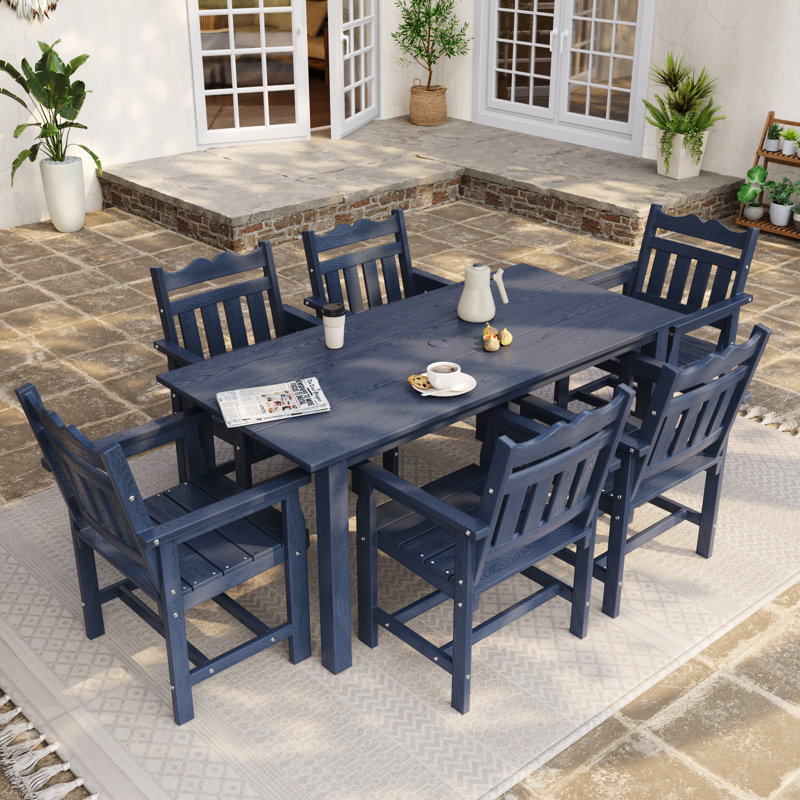  7 PCS Outdoor Dining Set with Umbrella Hole, HIPS All Weather Patio Table and 6 Chairs, Ergonomic Seats for Patio, Yard, Poolside
