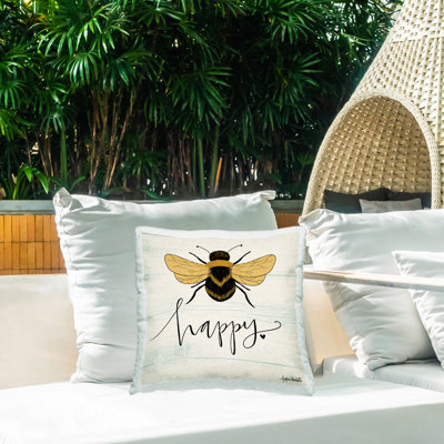 Coussin d'extérieur imprimé "Bee Happy Yellow Green Family Family" par Katie Doucette