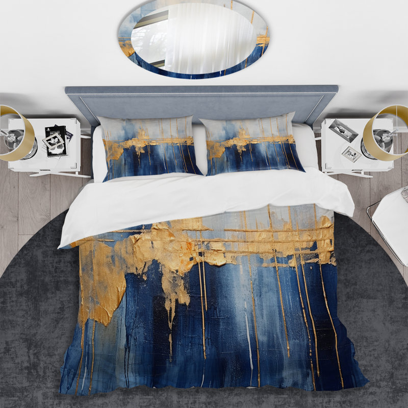 Tissu de temps abstrait bleu et or IV - ensemble de housse de couette abstrait - microfibre de polyester