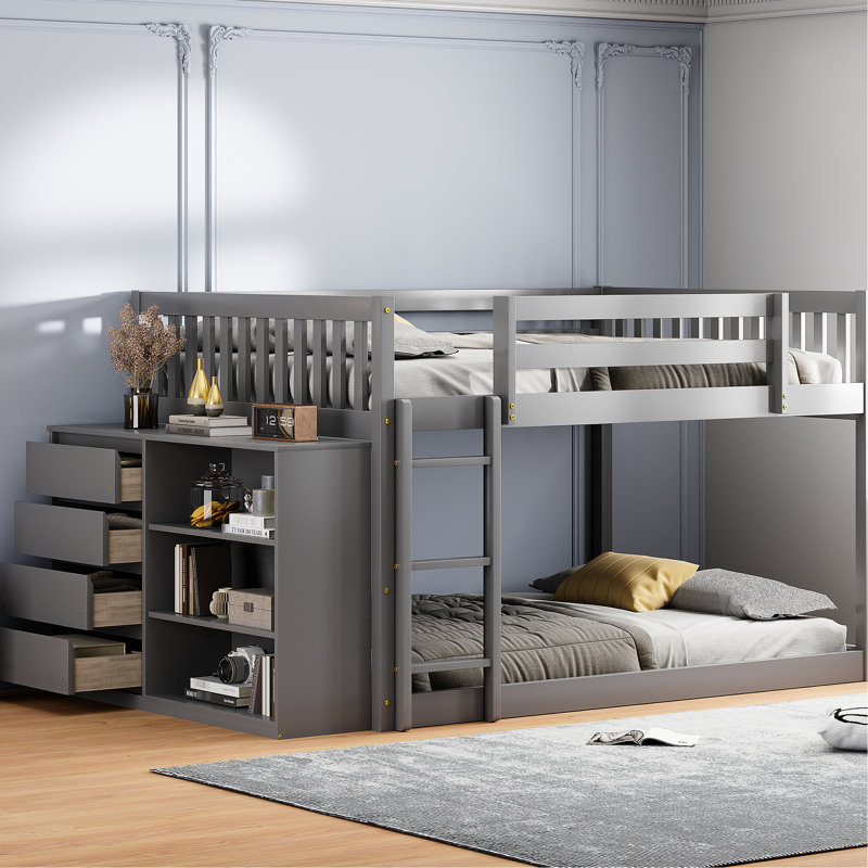 Lit double superposé au-dessus gris avec rangement pratique, structure en bois massif, idéal pour l'organisation de la chambre à coucher et le style 4 tiroirs et 3 tablettes, pin fonctionnel