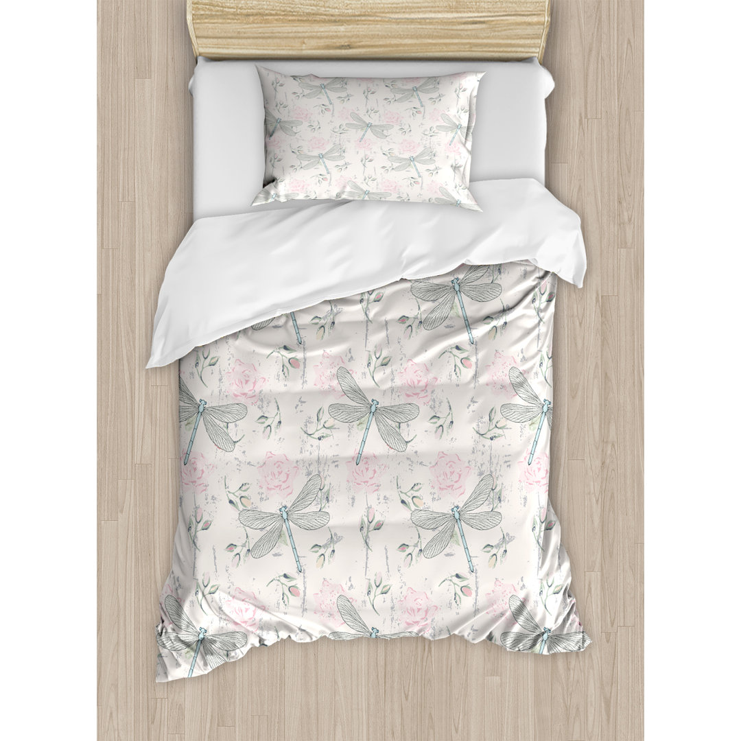 Dragonfly Shabby Elegance Roses Worn Old Vintage Backdrop with Moth Bugs Print Duvet Cover Set Ambesonne 