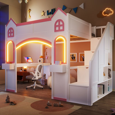 Armin Modern Farmhouse Wood Castle Loft Bed with Storage Staircase, Desk, Shelves and LED Light