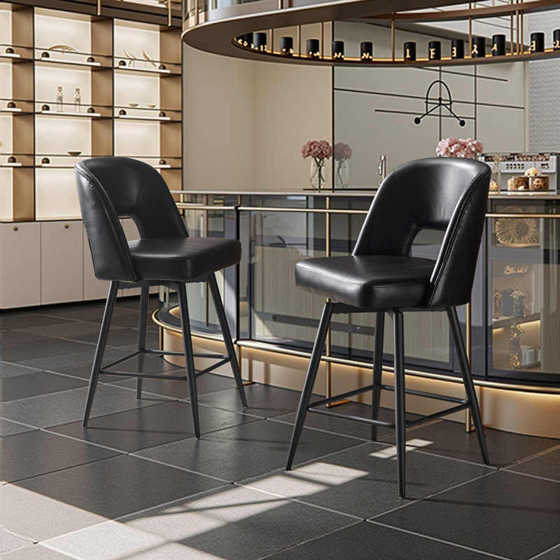 Ensemble de 2 tabourets de bar modernes en cuir avec dossier incurvé et structure en métal pour la salle à manger de style îlot de cuisine noir