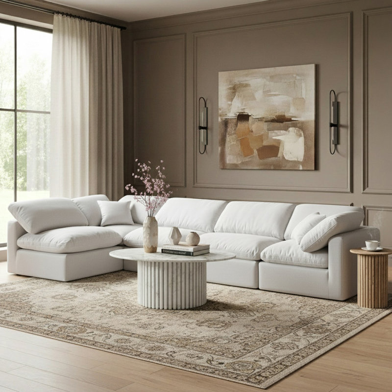 Canapé modulaire en coin 5 pièces Hinami, Tissu texturé en lin blanc