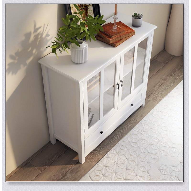 Spacious Buffet Storage Cabinet With Double Glass Doors And Unique Bell Handles For Modern Kitchens
