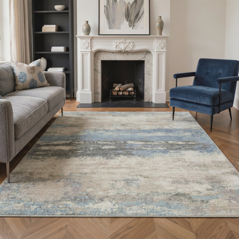 Lucchesi Modern Abstract Machine Washable Blue / Grey / Beige Indoor Area Rug with Non-Slip Backing, Rectangle 5' x 7'