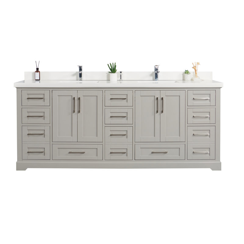 Eser 84'' Double Bathroom Vanity with Top, Straight White Quartz, Elephant Skin Gray