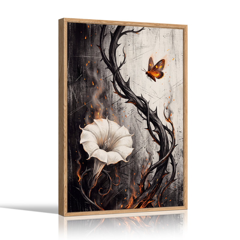 Toile murale d'Halloween avec fleurs blanches et vignes épineuses et lueur orange, H 36 po x l 24 po
