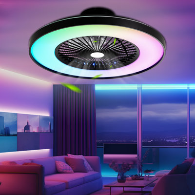 23" Smart RGB Flush Mount Ceiling Fan with LED Lights and Remote & APP Control, Dimmable Colour Changing for Bedroom, Living Room