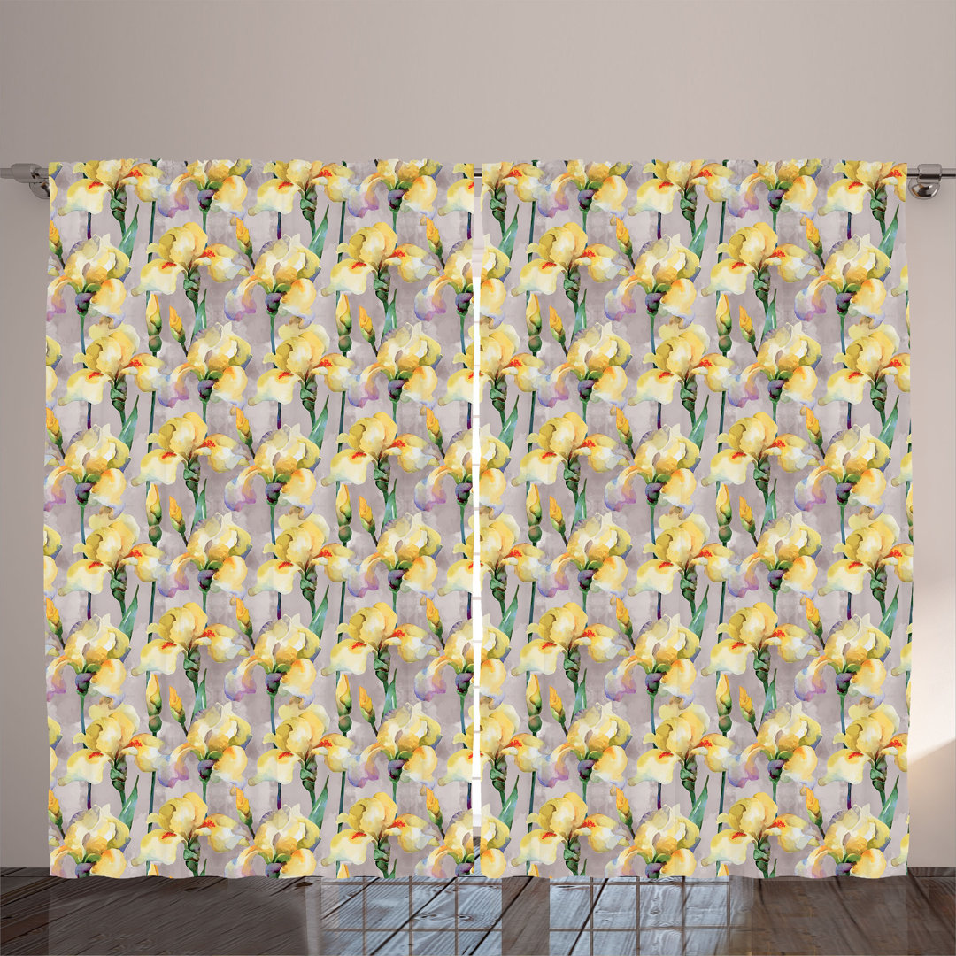 Rustic curtain, iris garden themed print, flowery, purple gray mustard