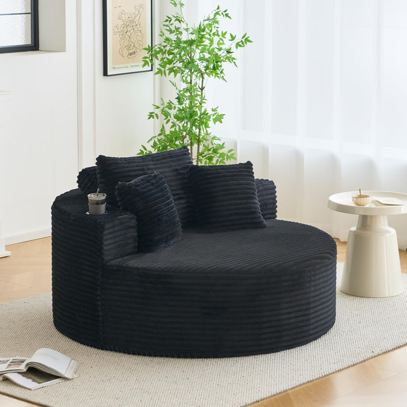Méridienne ronde surdimensionnée de 55 pouces avec porte-gobelets Cercle en velours côtelé gris sans assemblage, Black