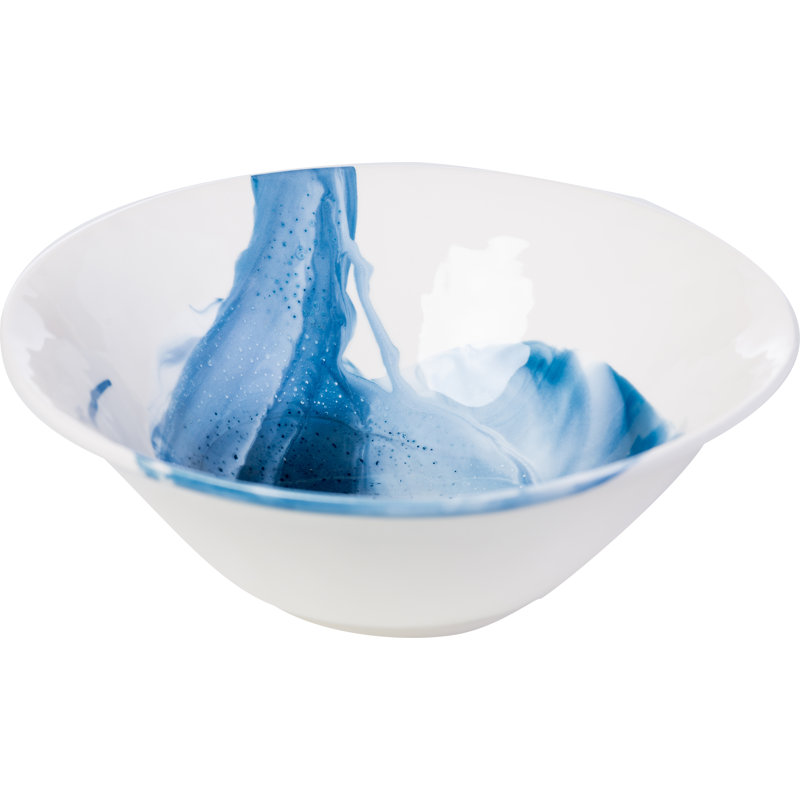 Large Blue and Cream Ceramic Serving Bowl, 12.75"