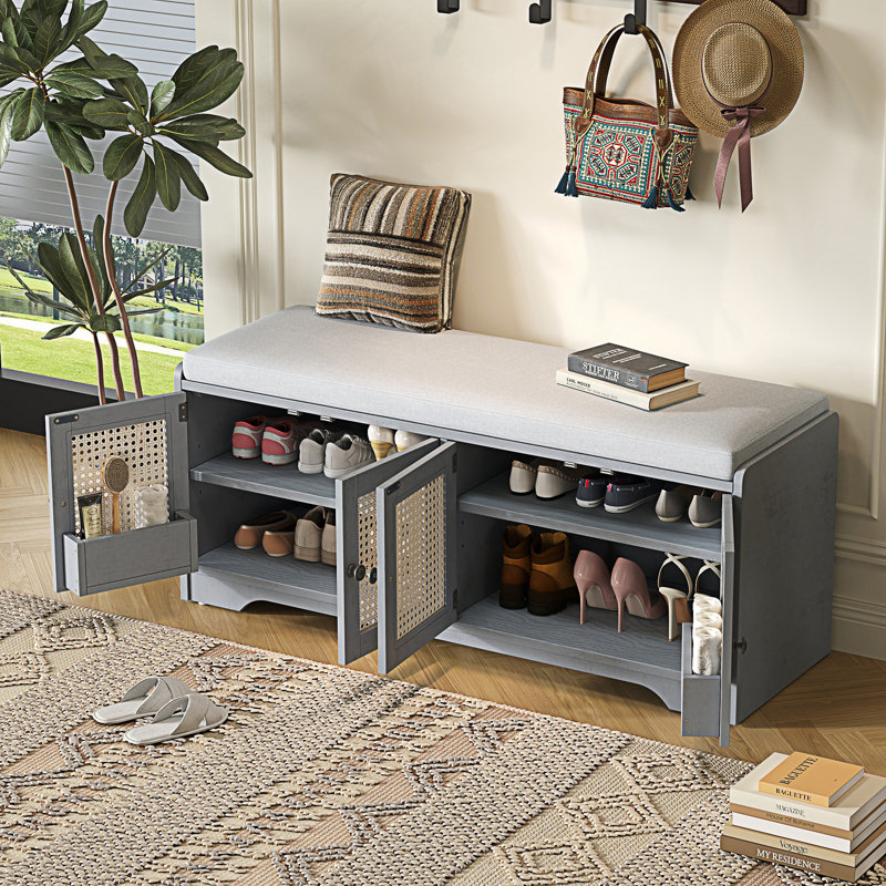Banc de rangement rustique, banc à chaussures d'entrée avec coussin amovible, Gris