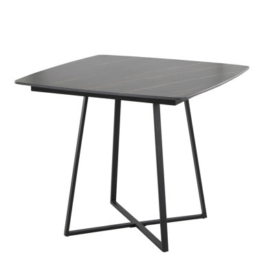 Table de salle à manger avec base en métal noir et bois noir avec plateau en céramique effet marbre noir