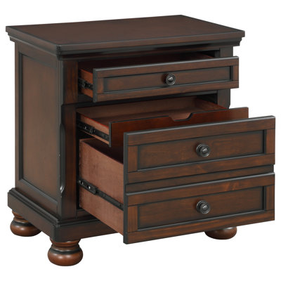 Table de chevet à finition cerisier brun, fabriquée en placage de bouleau, 2 tiroirs avec glissières à roulement, qualité de l'ameublement de la chambre à coucher dans une teinte de table de chevet classique, exceptionnel, coin caché