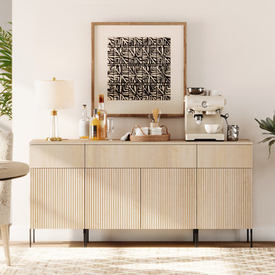 63" Wooden Reeded Sideboard With Doors And Drawers, 3-In-1 Modern Credenza With Charging Station For Kitchen, Dining Room