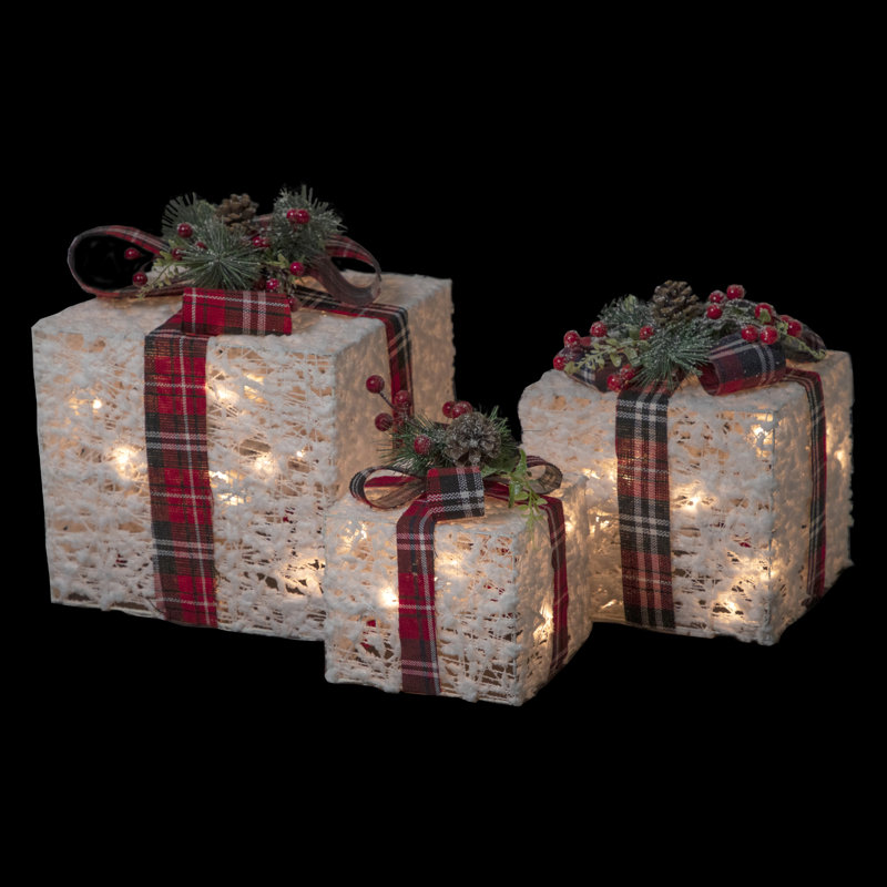 Set of 3 Lighted White and Red Plaid Christmas Gift Boxes