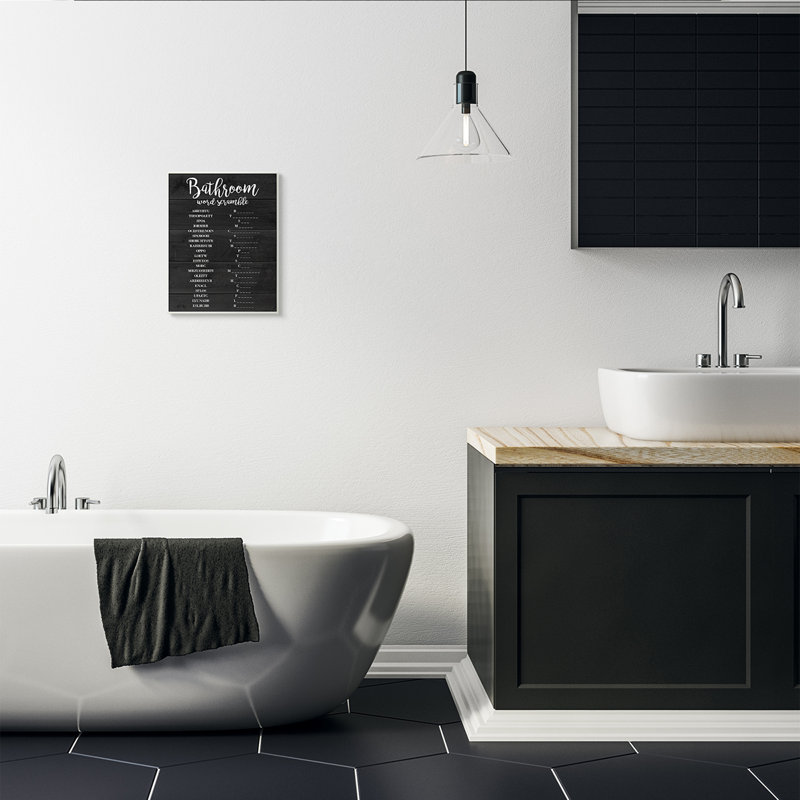 « salle de bain, noir et blanc brouiller », impression, Plaque en bois, H 10 po x l 15 po x P 0,5 po