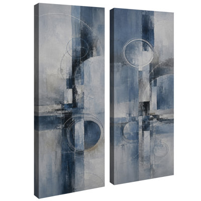 Cercles géométriques bleu-gris, décoration abstraite moderne – Ensemble de 2 impressions sur toile encadrées 32 po x 12 po x 2 po