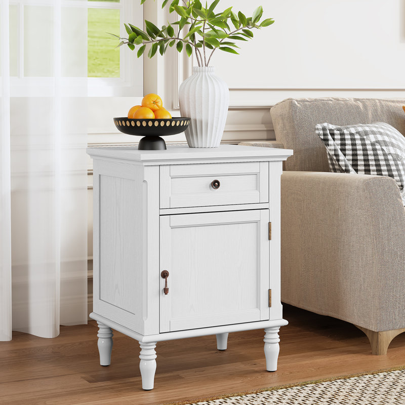 Vintage Nightstands with Drawer, End Table with Solid Wood Veneer (Set of 2), White