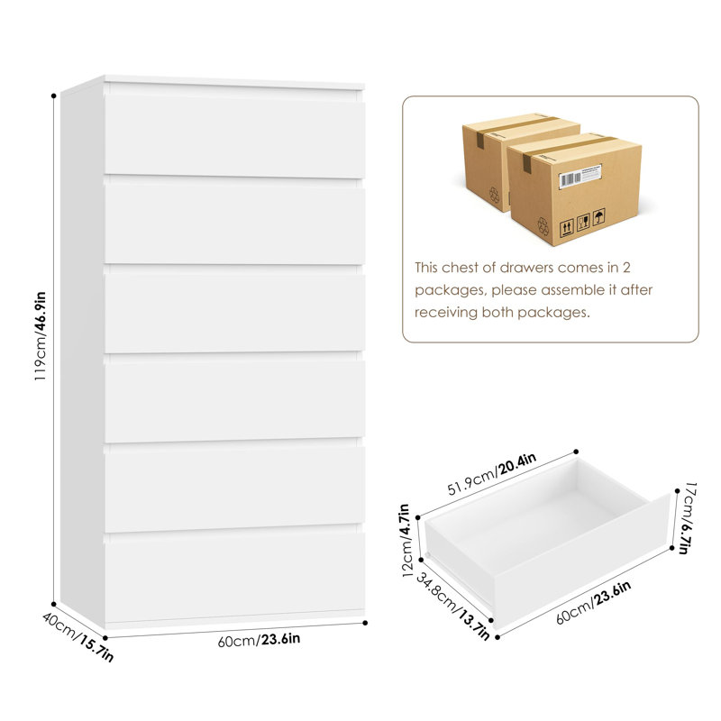 60cm W 6 - Drawer Chest of Drawers, White