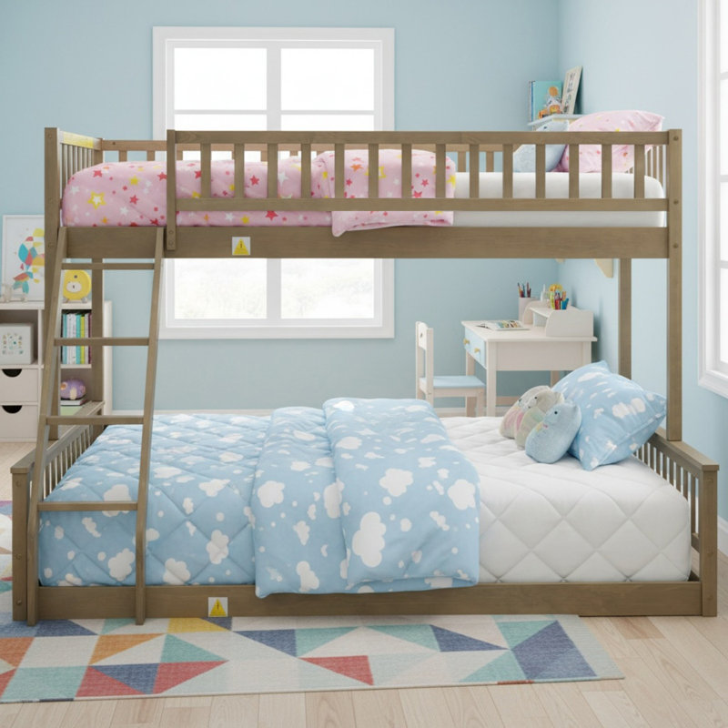 Lit superposé simple au-dessus de grand lit en bois massif avec échelle et garde-corps, 2 lits convertibles pour garçons et filles