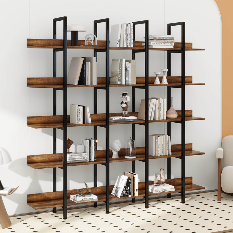 Bibliothèque à 5 niveaux avec bureau ouvert, étagère de style industriel rétro, Brun