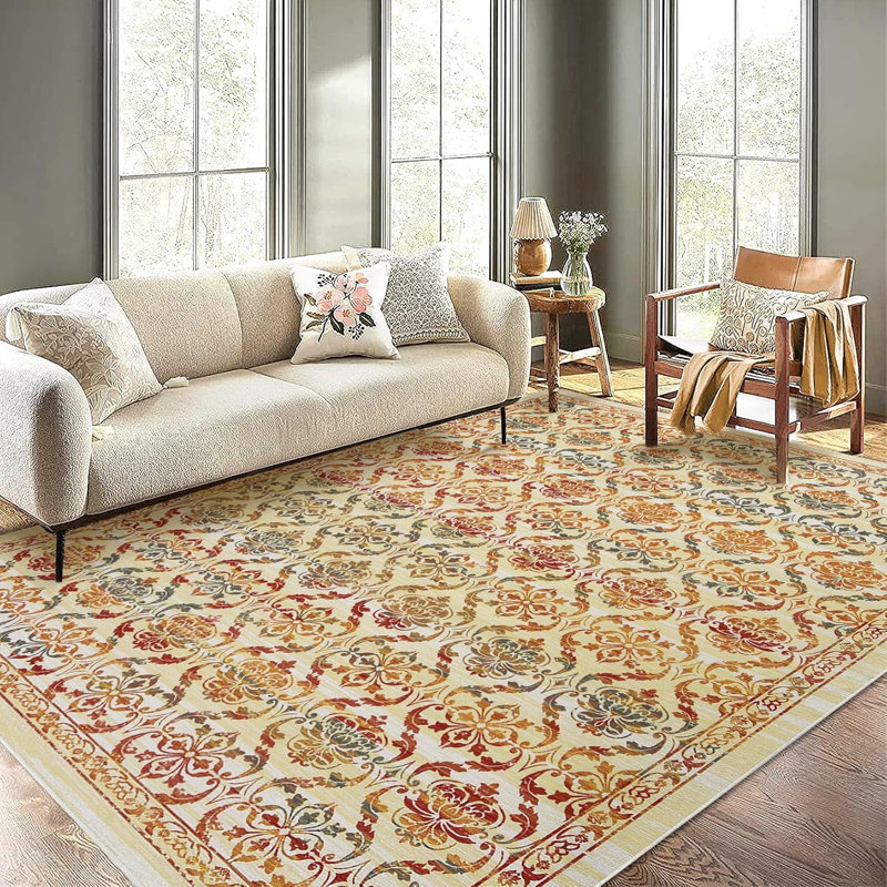 Tapis de sol lavable à motif floral délavé et antidérapant pour salon , Rectangle 10 pi x 13 pi