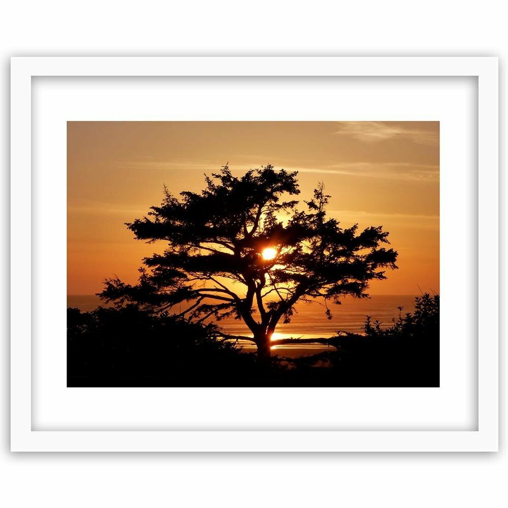 Gerahmter Fotodruck Baum am Meer bei Sonnenuntergang