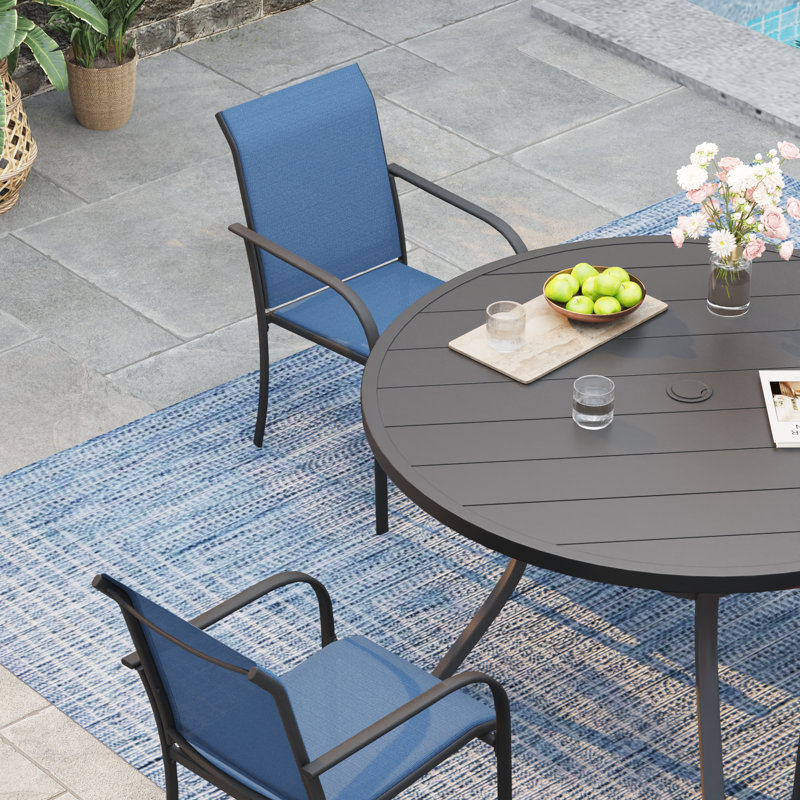 4-Person Square Patio Dining Set With Stackable PVC-coated polyester Chairs, Black/Blue